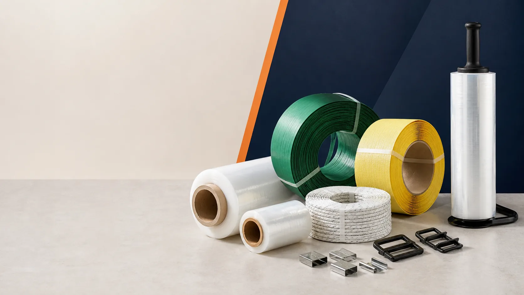 Illustrative product arrangement of stretch film and strapping