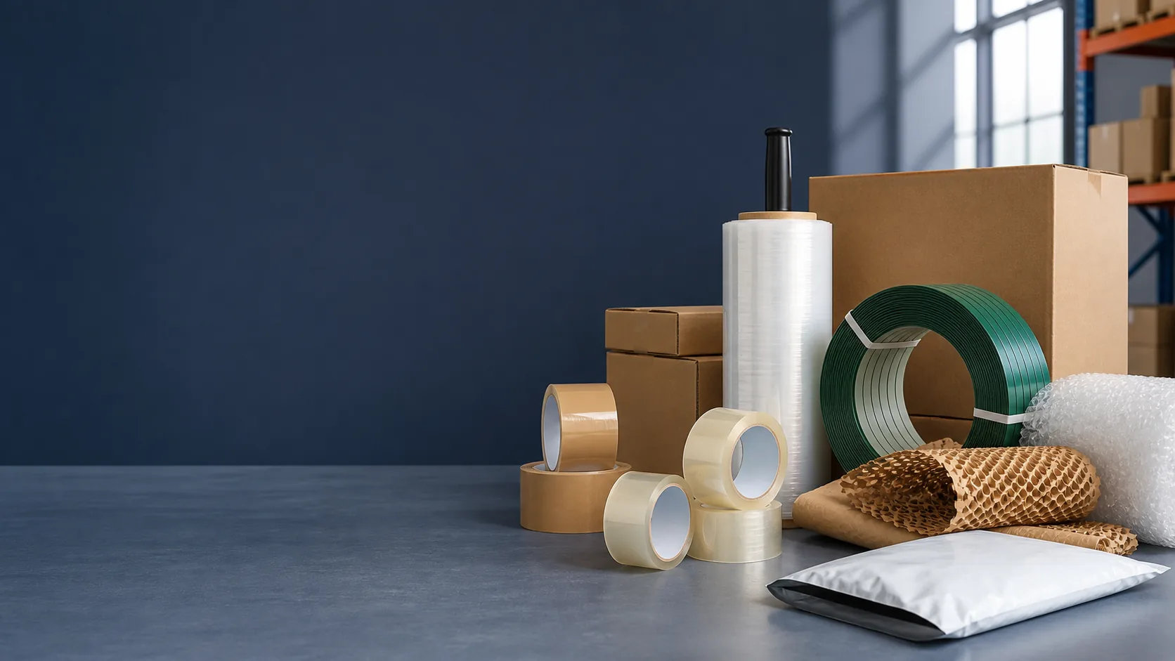 Illustration of packing tape, stretch film and strapping products