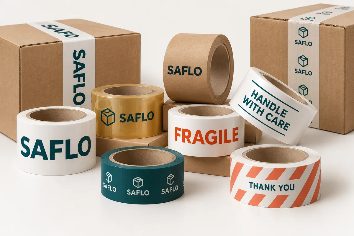 Illustrative range of logo, warning and thank-you printed packing tape rolls